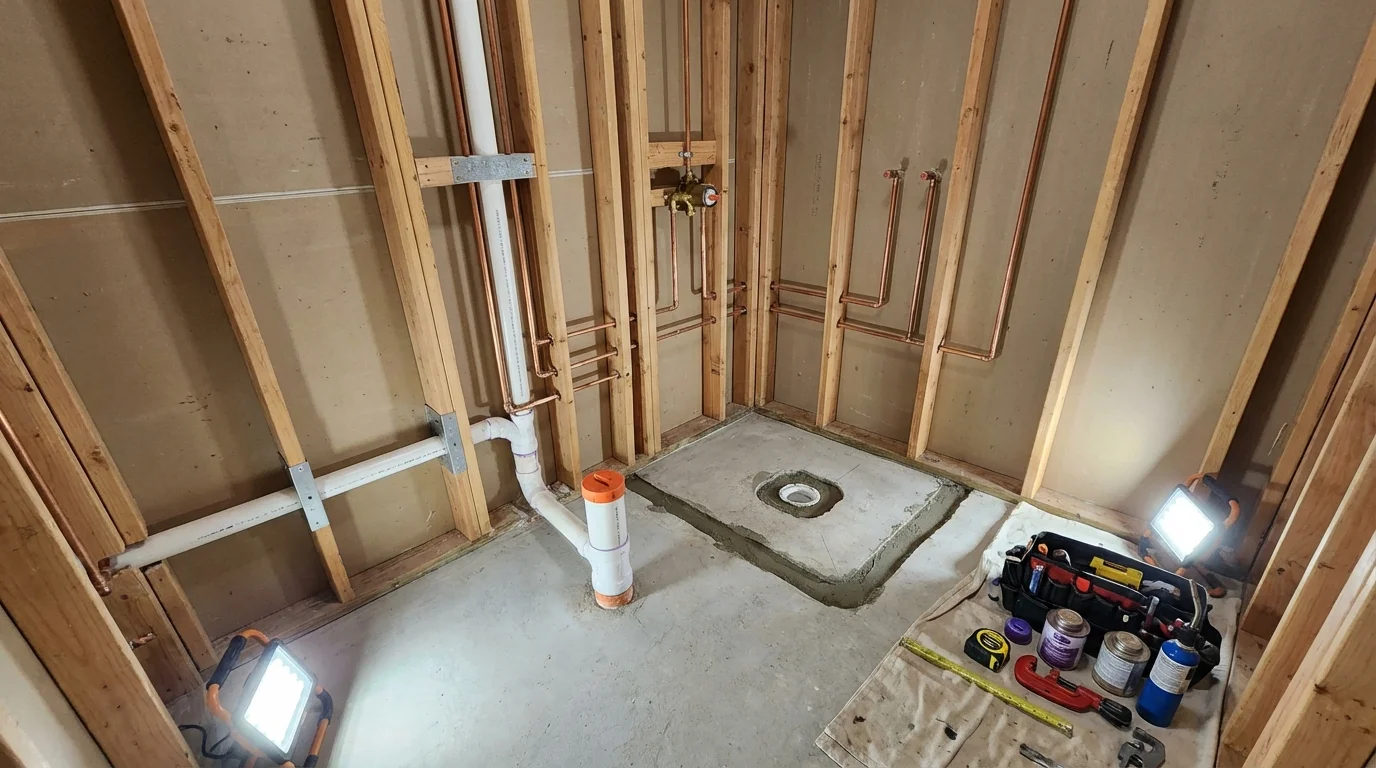 Bathroom rough-in plumbing during remodel by Johns Plumbing LLC in Windham