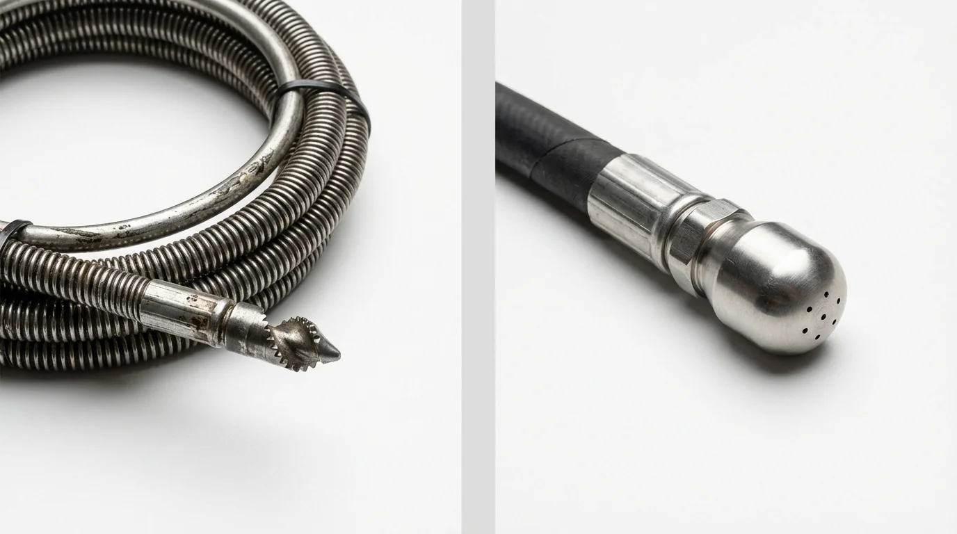 Drain snake cable and hydro jetting nozzle used for drain cleaning in Windham, CT