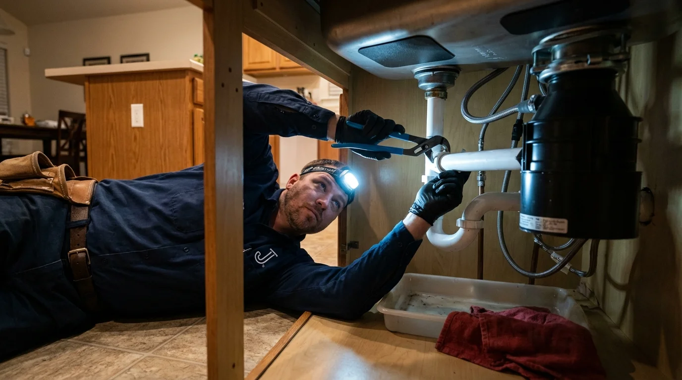 P-trap and supply line connections under a kitchen sink showing a common leak point in Windham, CT